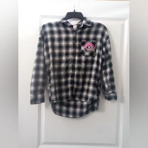 Girls White & Black Plaid With Flower Logo Button Down Long Sleeve Blouse Size L